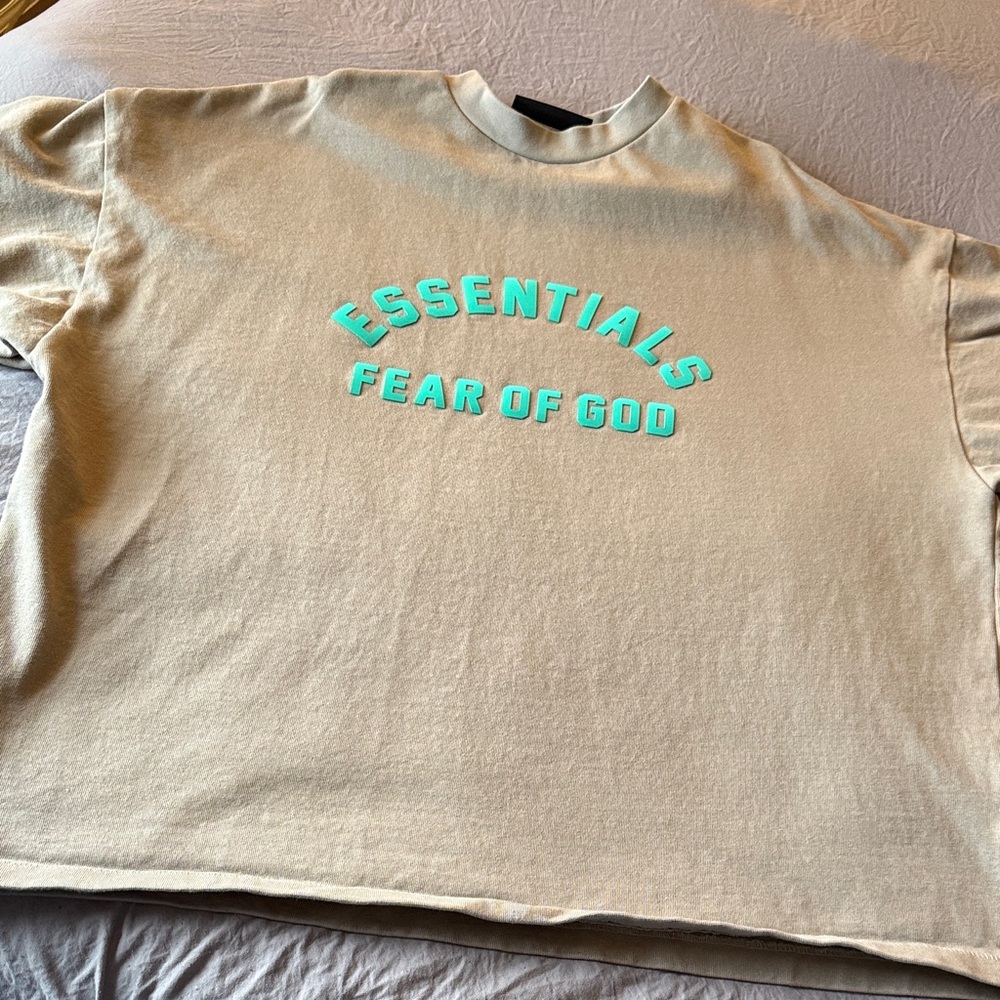 Fear of God Essentials Tan Tee with Teal Logo